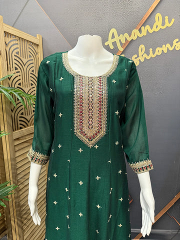 Green Anarkali Kurti Set Size 42/44 - Vichitra Silk Party Wear