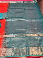 Orange Mangalagiri Silk Handloom saree with stitched blouse