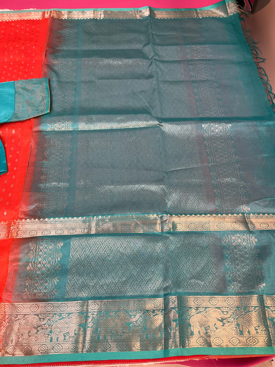 Orange Mangalagiri Silk Handloom saree with stitched blouse