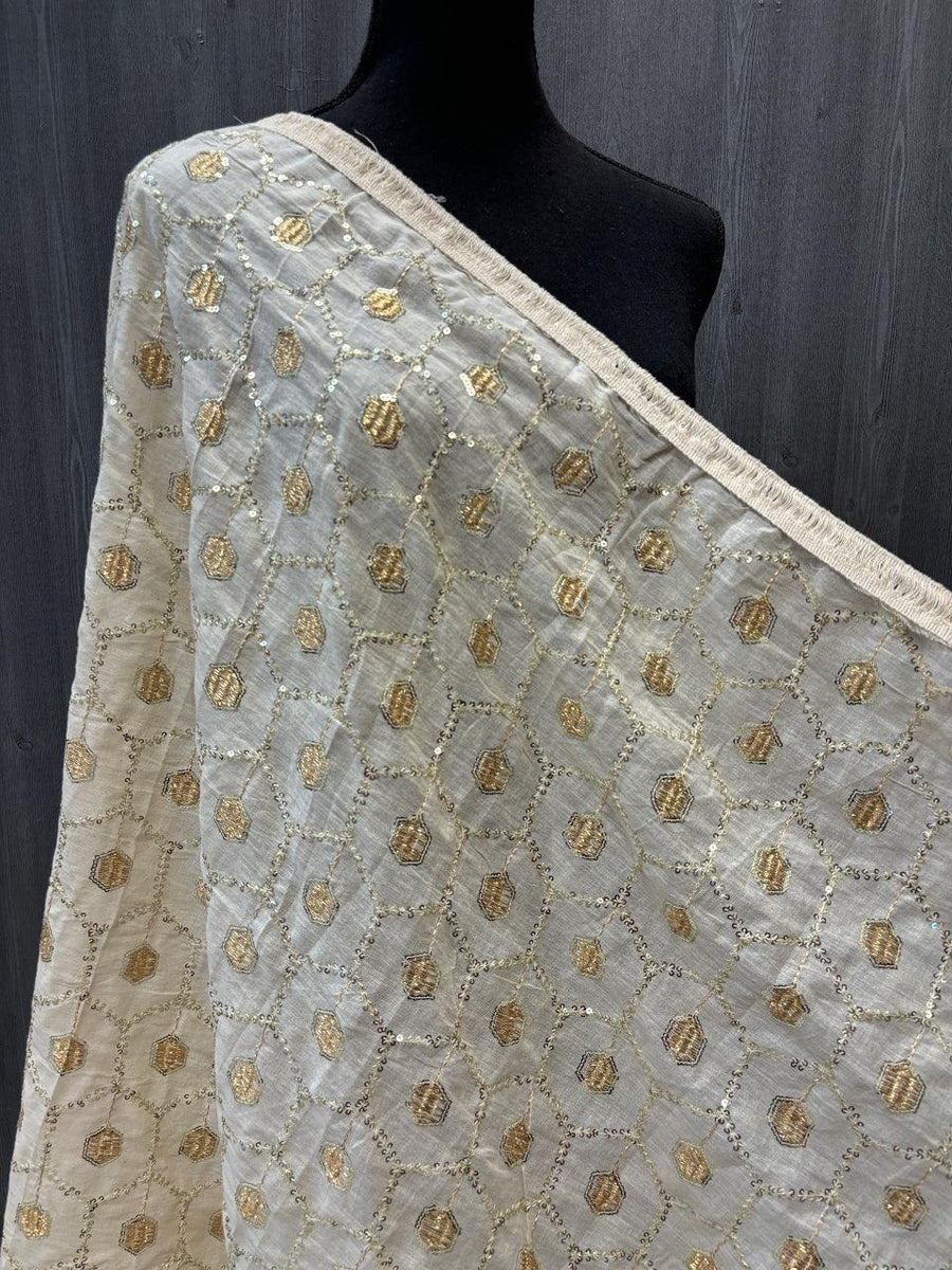 Half white color khaadi dupatta with thread work
