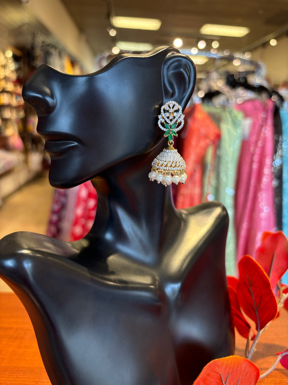 CZ Earrings - Jhumkas with Emeralds image 0