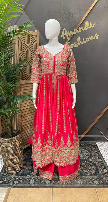 Size 38- Pink Heavy Embroidered Party Lehenga Set with Long Top