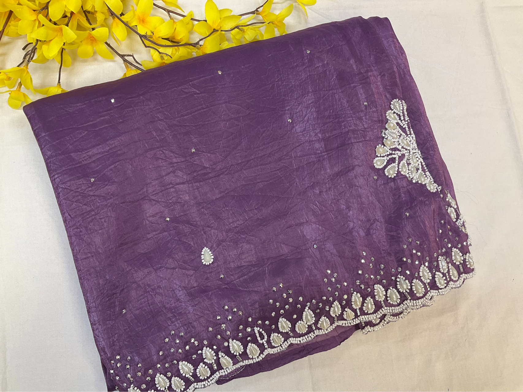 Crushed tissue saree with pearl bead work image 4