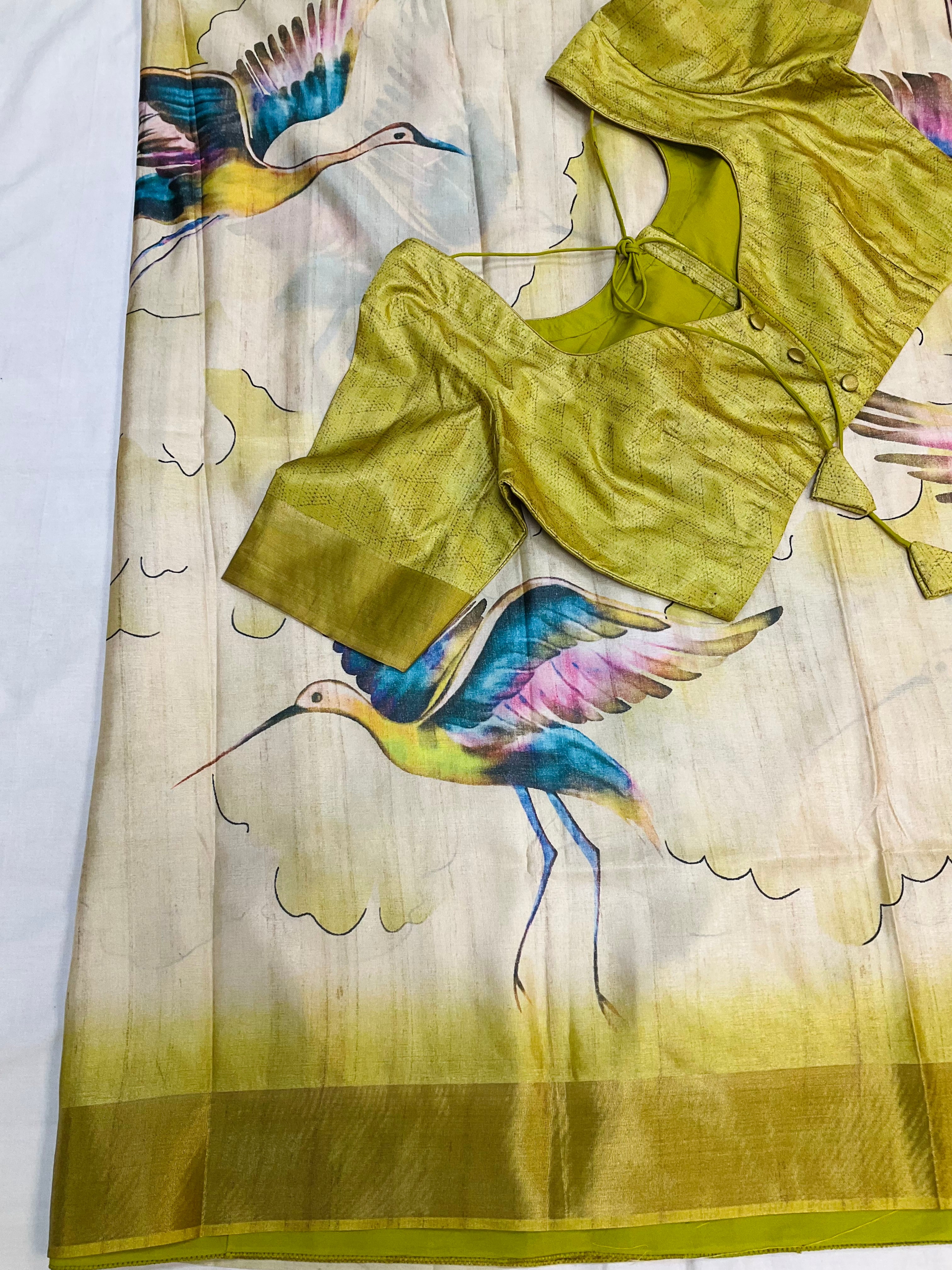 Digital Print - Tussar Silk Saree with Stitched Blouse- Bird Theme