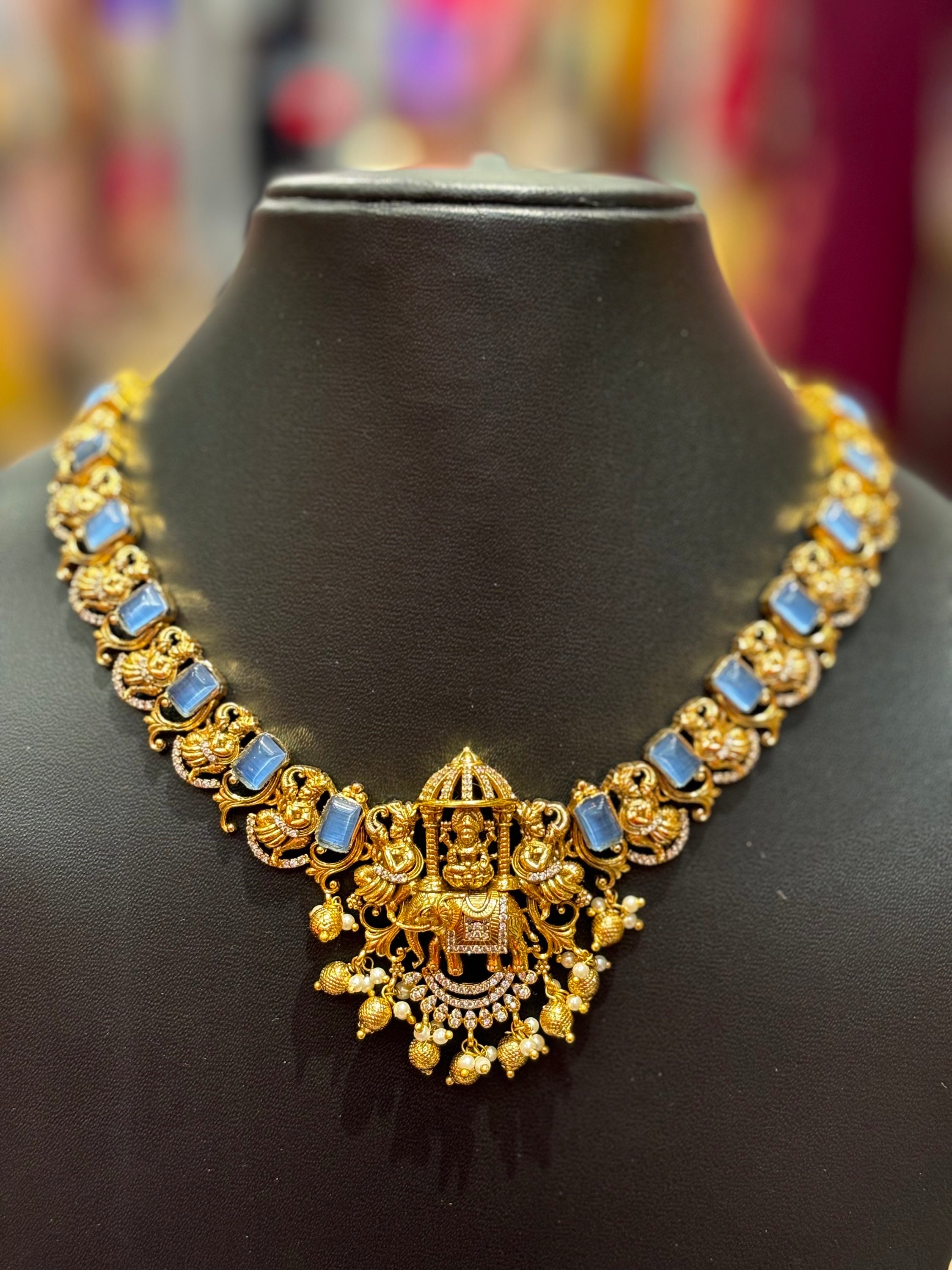Goddess Lakshmi Necklace set with Blue Stones image 1