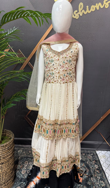 White - Little Girls - Party Wear Peplum Top Lehenga set