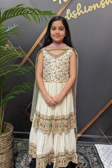 White - Little Girls - Party Wear Peplum Top Lehenga set