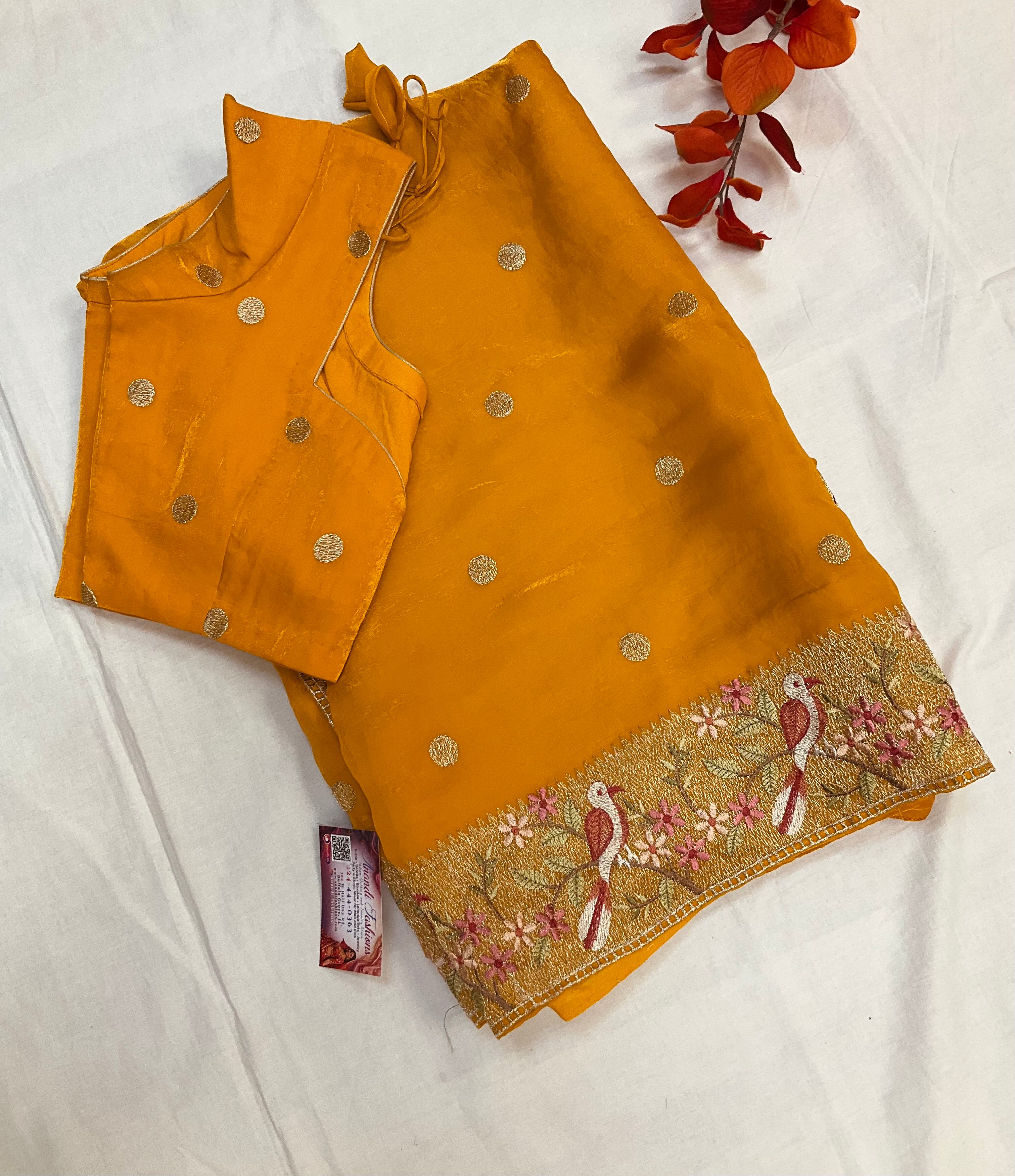 Mango yellow Crushed Tissue embroidery saree with Stitched blouse and fall pico done