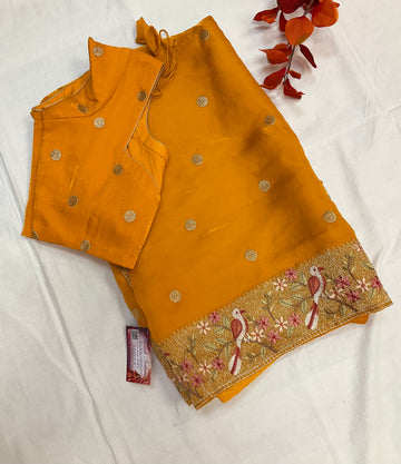 Mango yellow Crushed Tissue embroidery saree with Stitched blouse