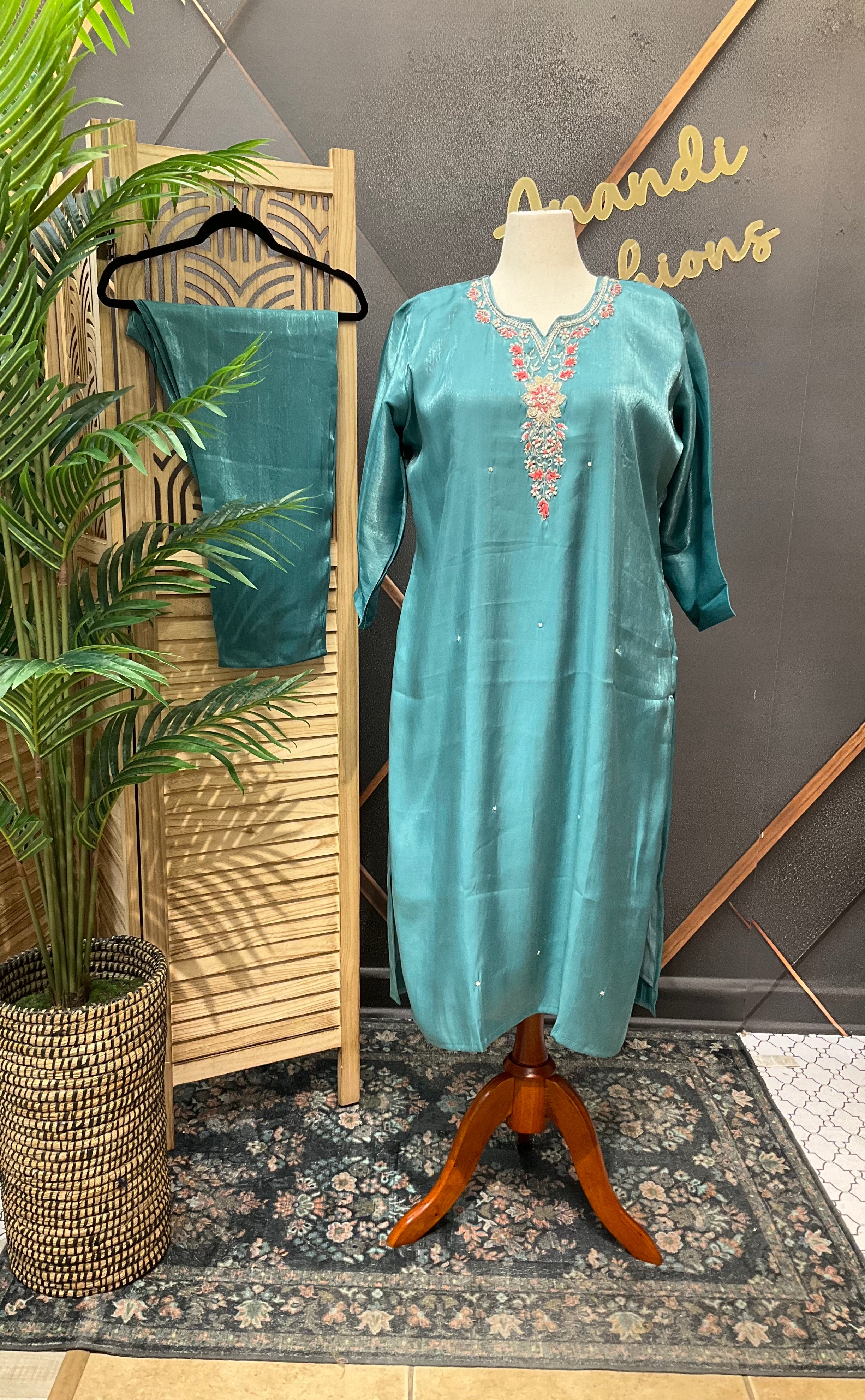 Plus Size Shimmery Tissue Party Wear Blue Kurti set