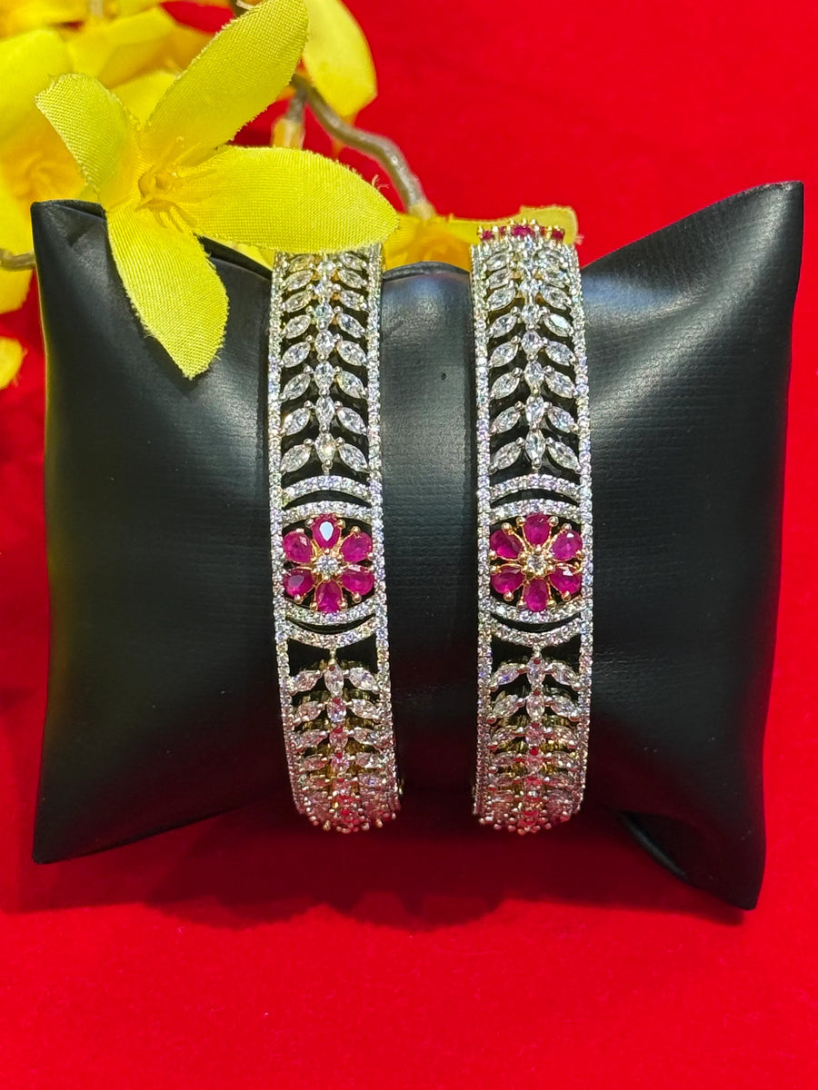 Size 2.6 Broad Bangle - Party Wear CZ Bangles Set with Flower Design (Pair)