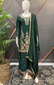 Dark Green Party Wear Palazzo Set - Lightweight Shimmery with Gold Embroidery