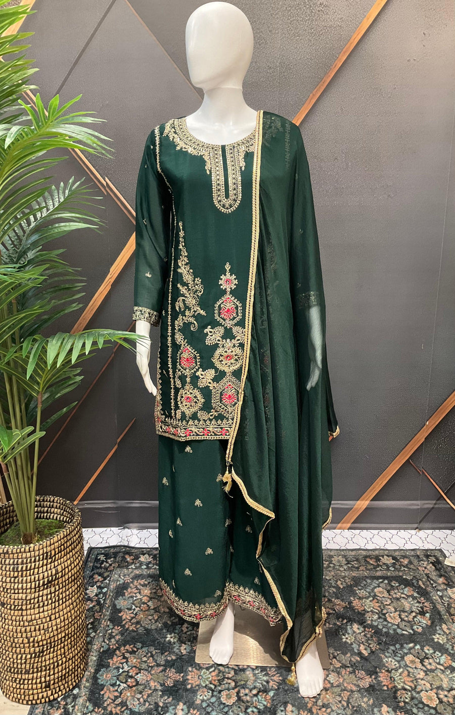 Dark Green Party Wear Palazzo Set - Lightweight Shimmery with Gold Embroidery