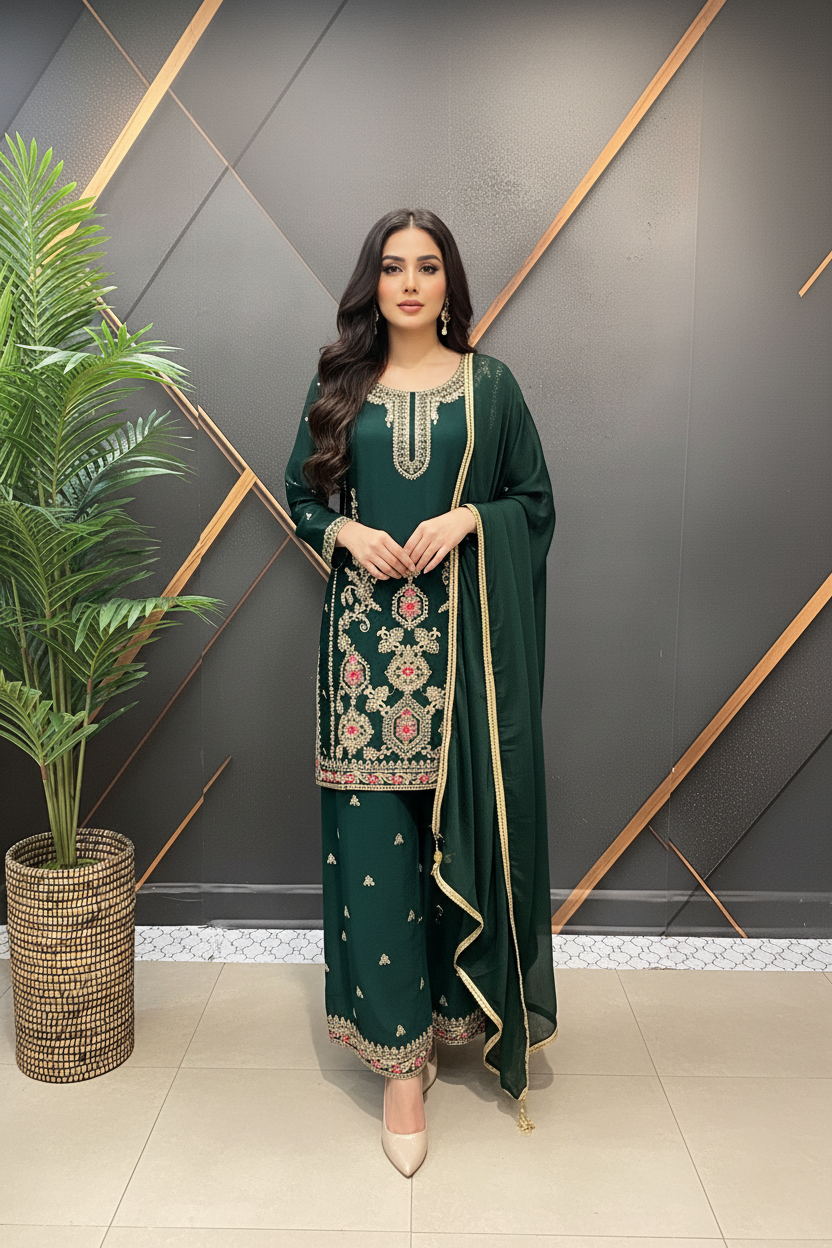 Dark Green Party Wear Palazzo Set - Lightweight Shimmery with Gold Embroidery