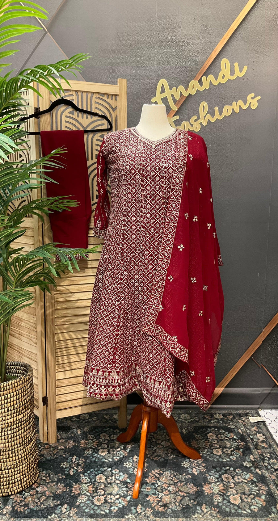 Maroon Georgette Anarkali Kurti Set Size 44 - Silver Zari Party Wear
