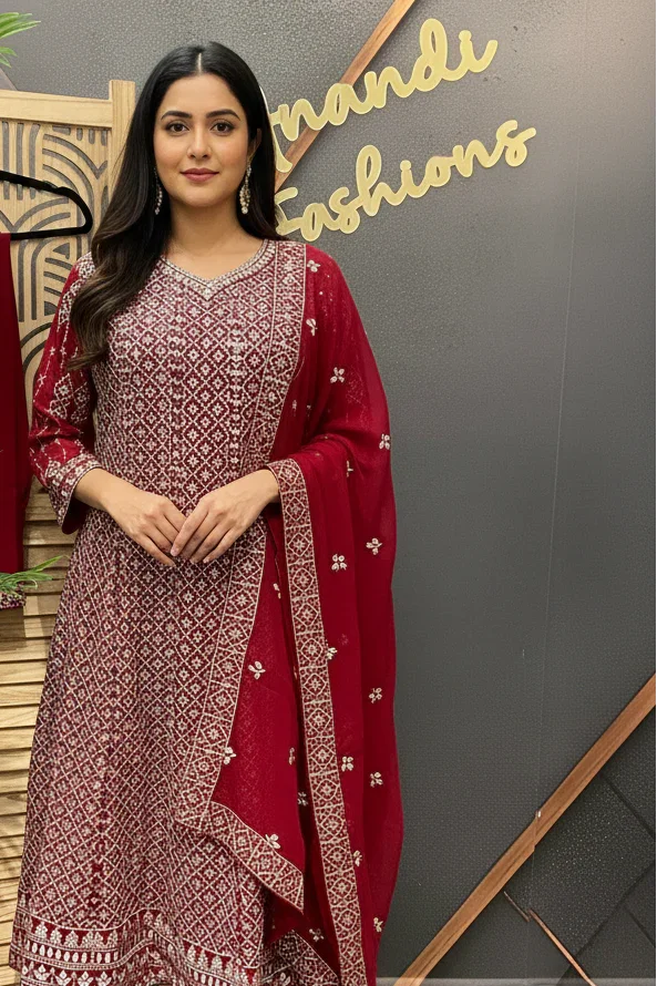 Maroon Georgette Anarkali Kurti Set Size 44 - Silver Zari Party Wear