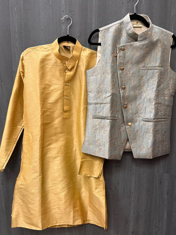 Kurta with Vest - Men's Yellow kurta Pajama set with vest