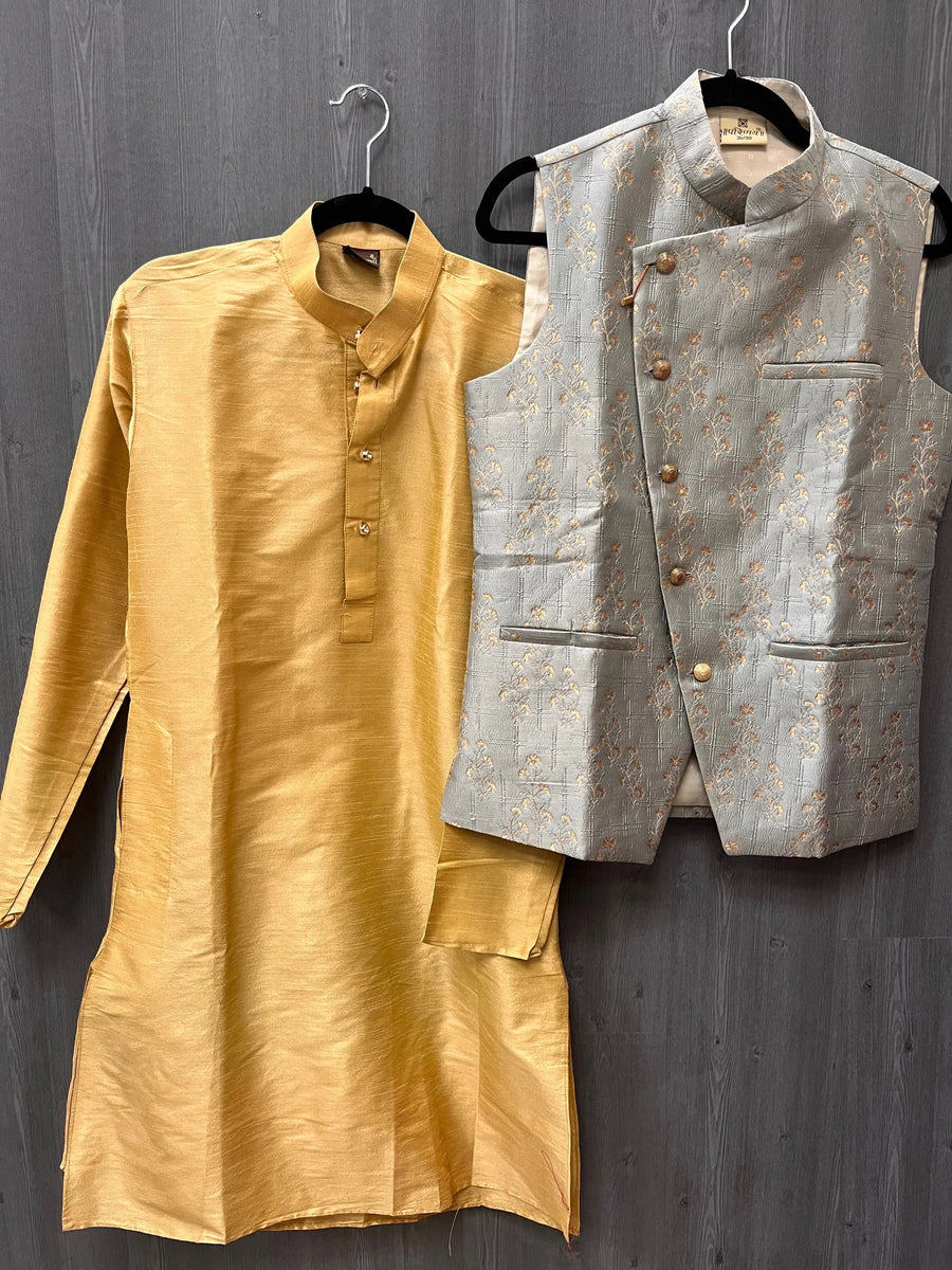 Kurta with Vest - Men's Yellow kurta Pajama set with vest