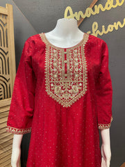 Red Party Wear Anarkali Kurti Set Size 42/44 - Roman Silk with Floral Dupatta