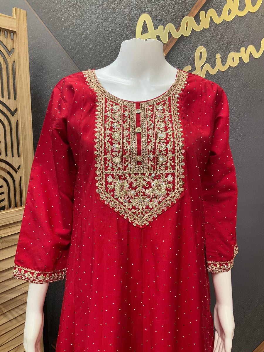 Red Party Wear Anarkali Kurti Set Size 42/44 - Roman Silk with Floral Dupatta