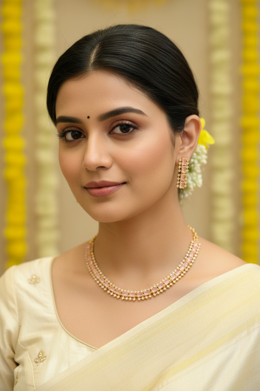 Close-up of Indian woman in cream saree with gold and pink jewelry, traditional hairstyle, yellow floral backdrop