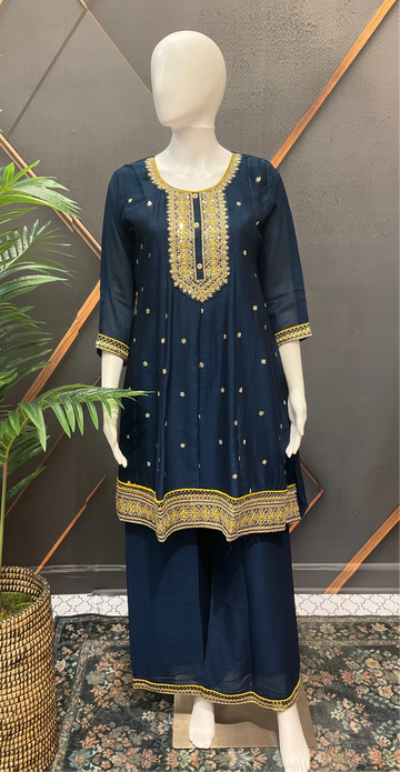 Navy Blue Party Wear Lightweight Palazzo Set - Vichitra Silk with Contrast Dupatta