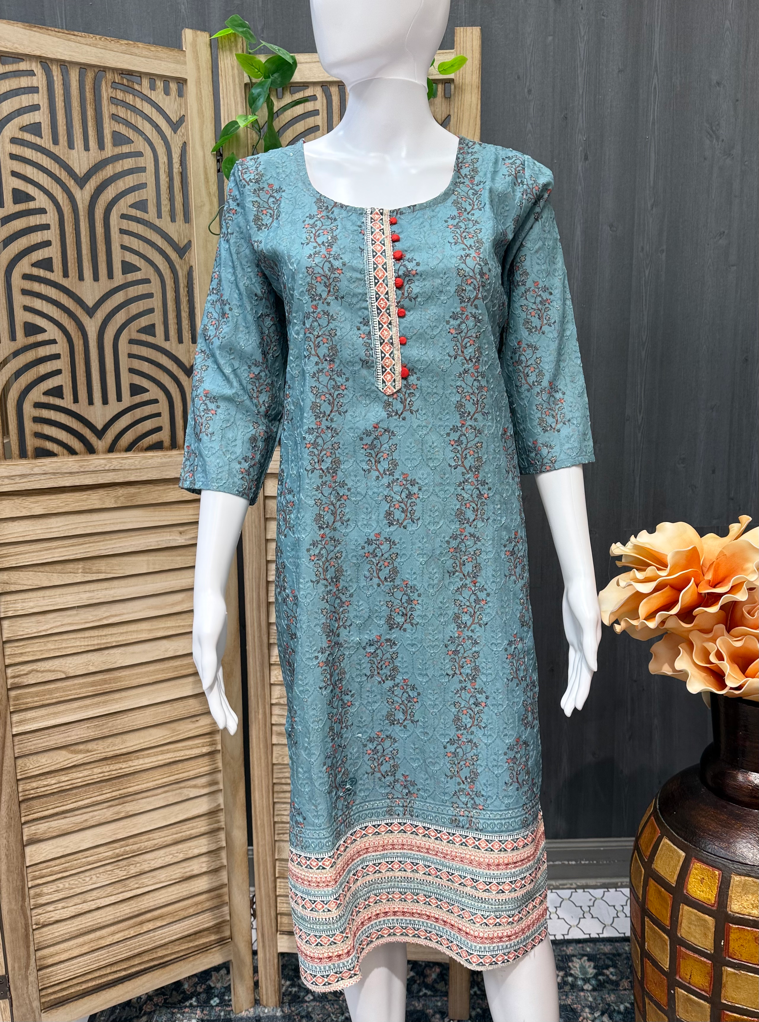 Dark Sea Green- Digital Print Chikankari Work Kurti image 0