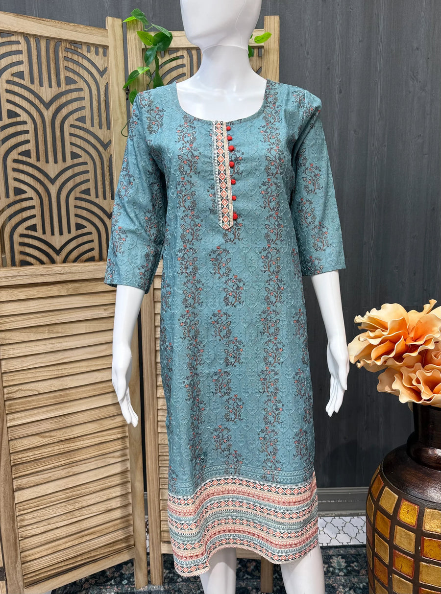 Dark Sea Green Digital Print Chikankari Kurti - Women's Ethnic Wear