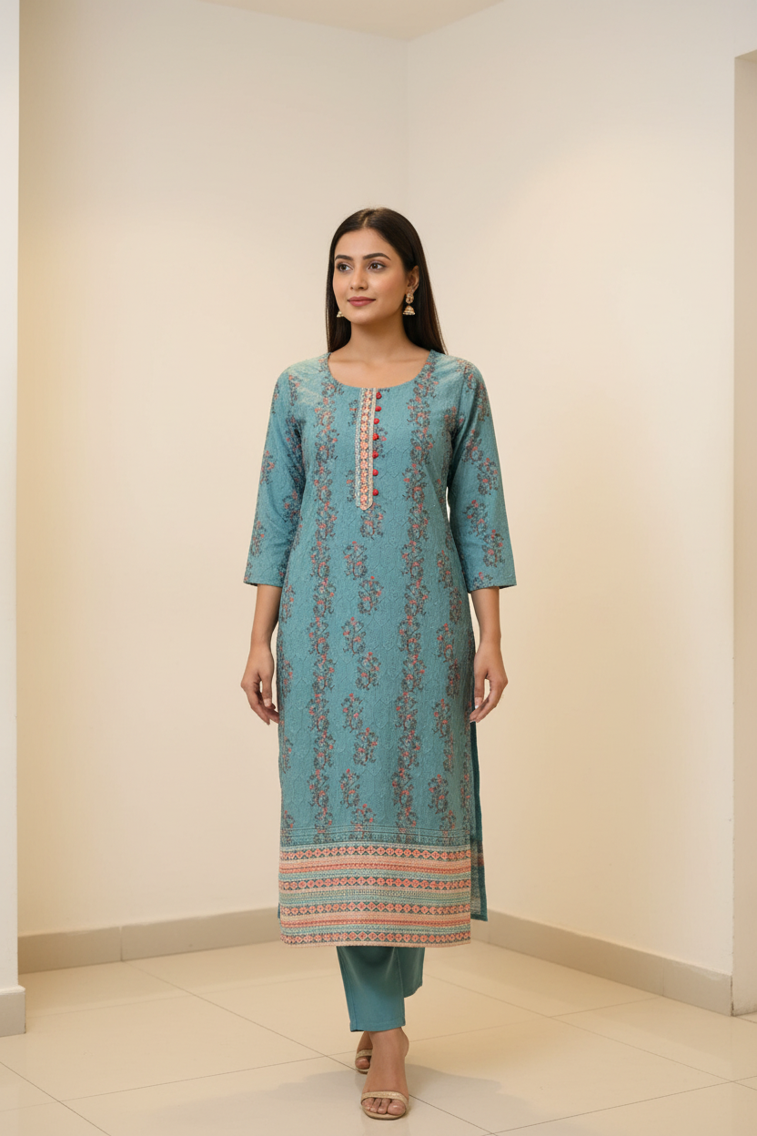 Dark Sea Green Digital Print Chikankari Kurti - Women's Ethnic Wear