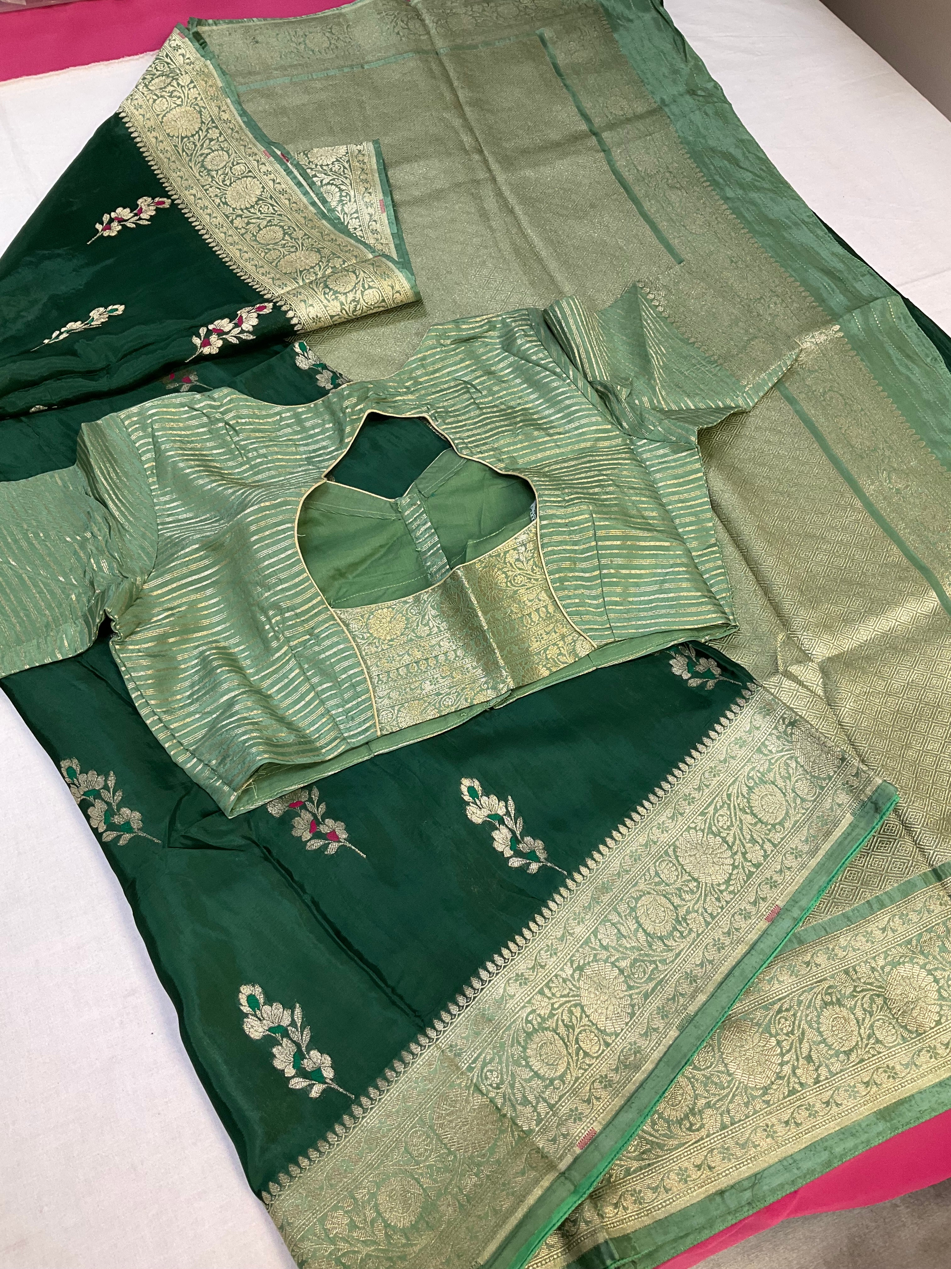 Green Benarasi Silk saree with Stitched Blouse