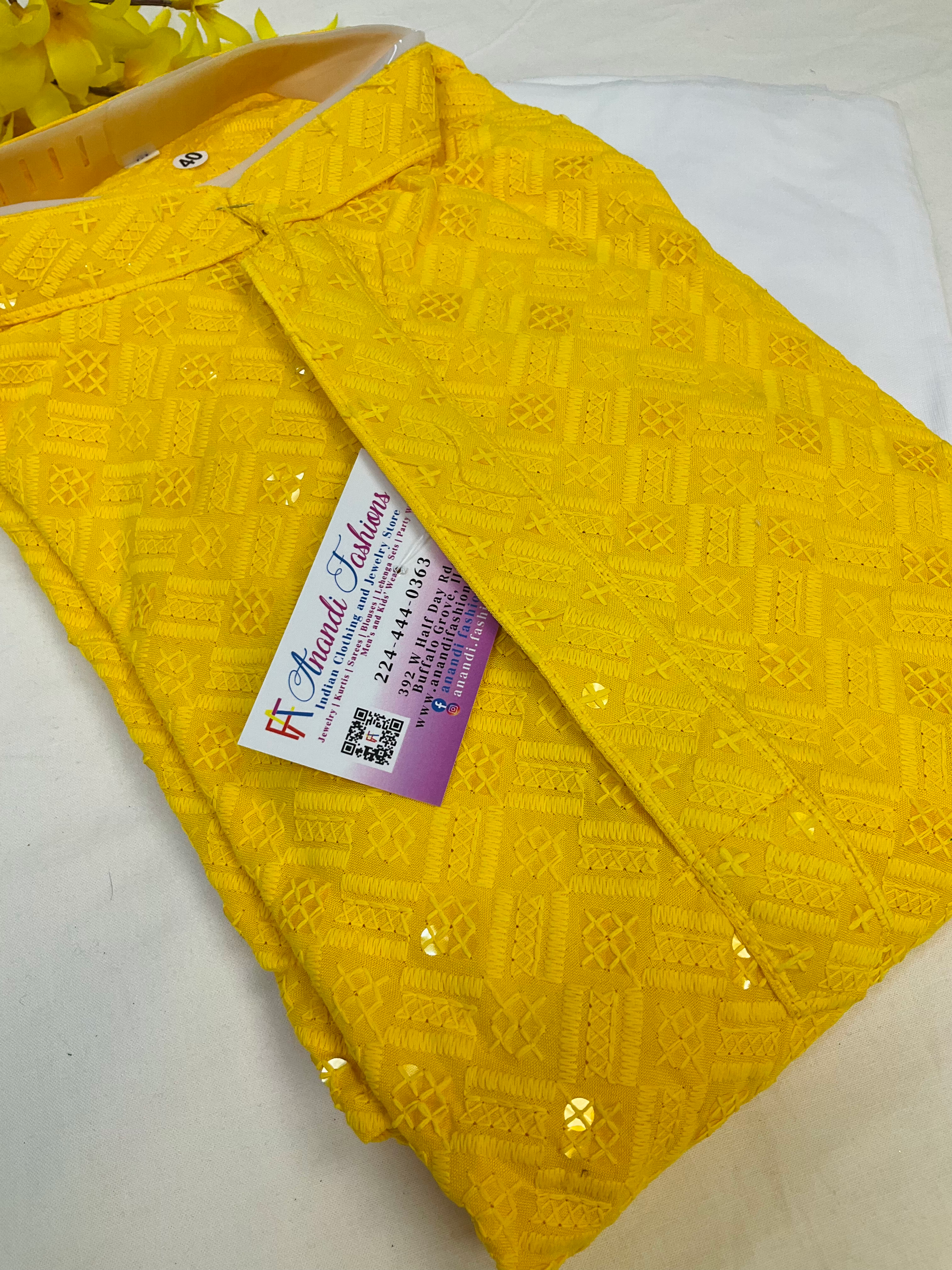 Size 40 - Yellow chikankari kurta set for men image 1