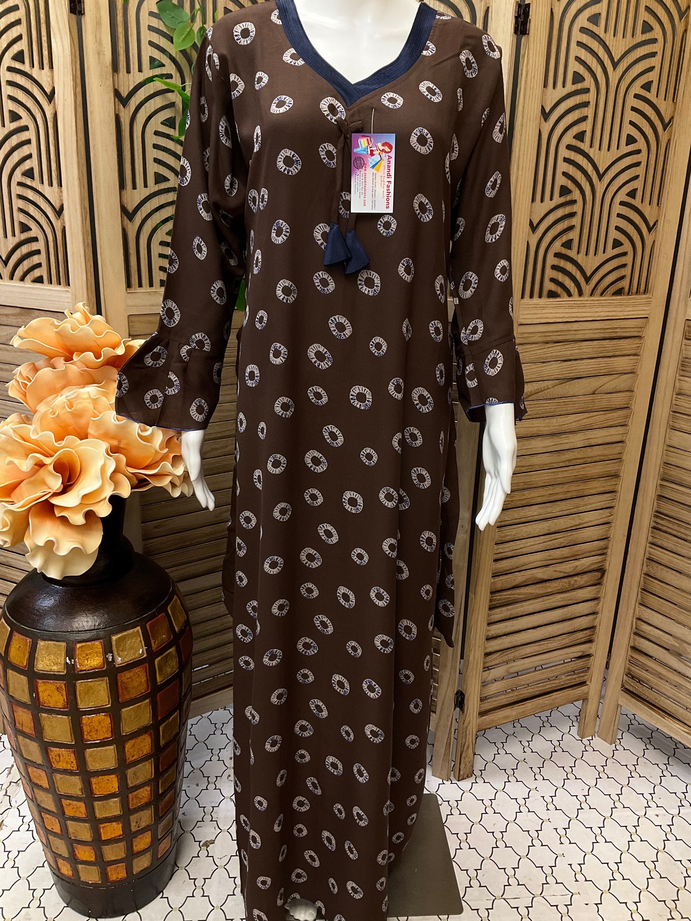 Indian Nighties - Brown color-Rayon nighty long sleeves with side pocket image 0