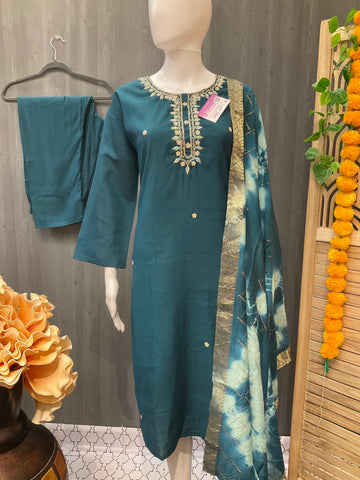 Plus Size Peacock Blue Party Wear Kurti Set - Size 46