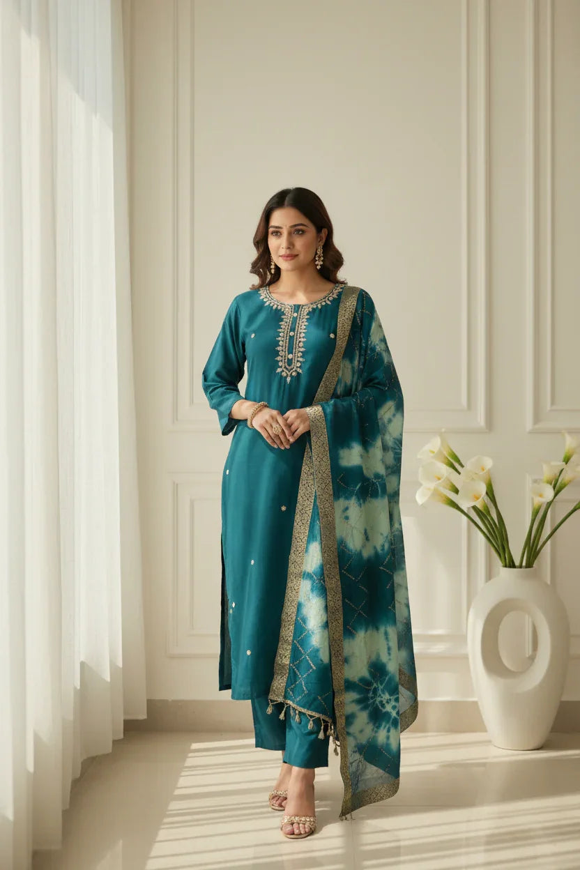 Woman wearing teal Indian ethnic kurta with embroidered neckline and matching tie-dye dupatta in elegant room