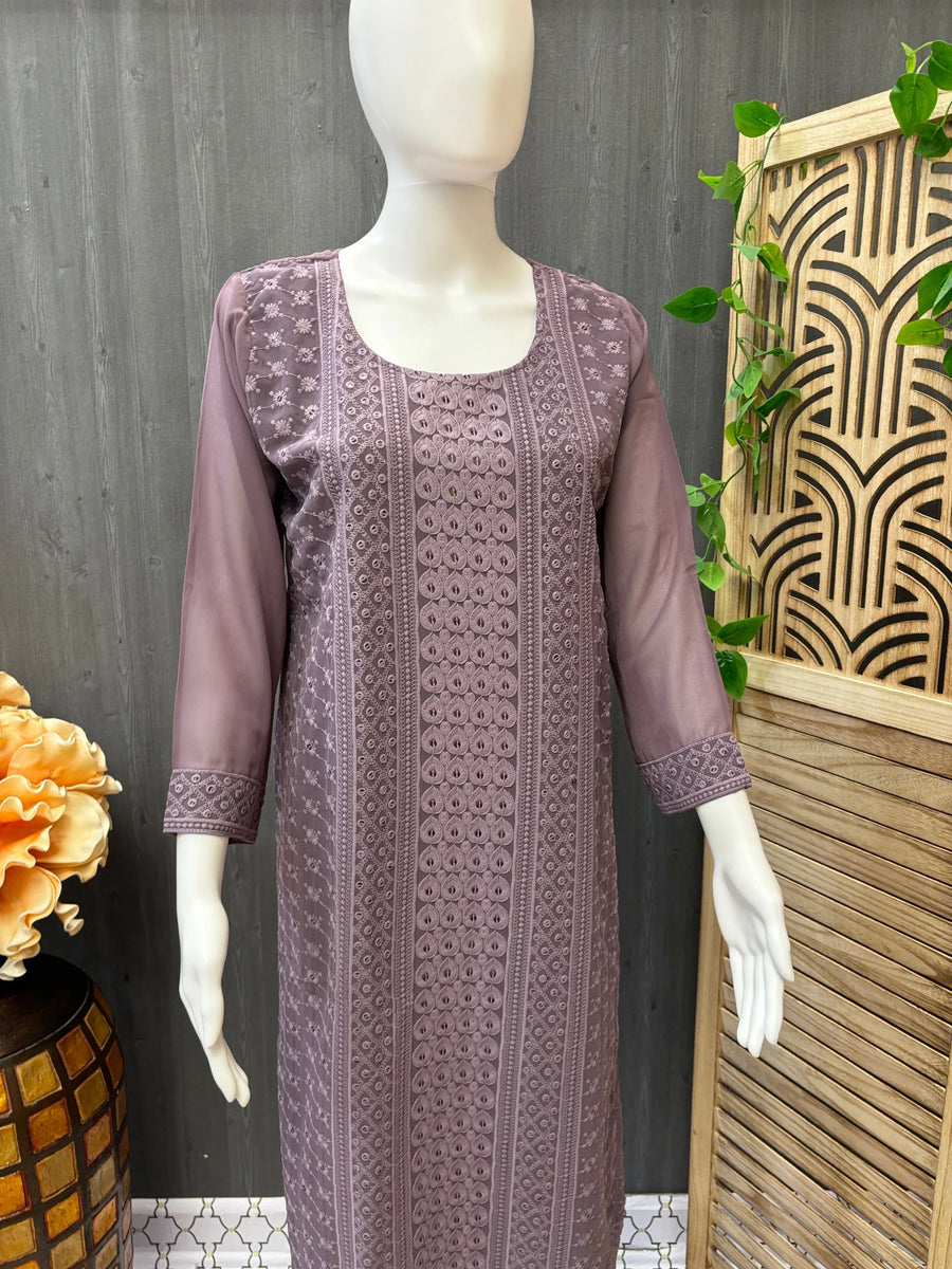 Chikankari Kurti -Georgette Purple Chikankari Sequence work Kurti