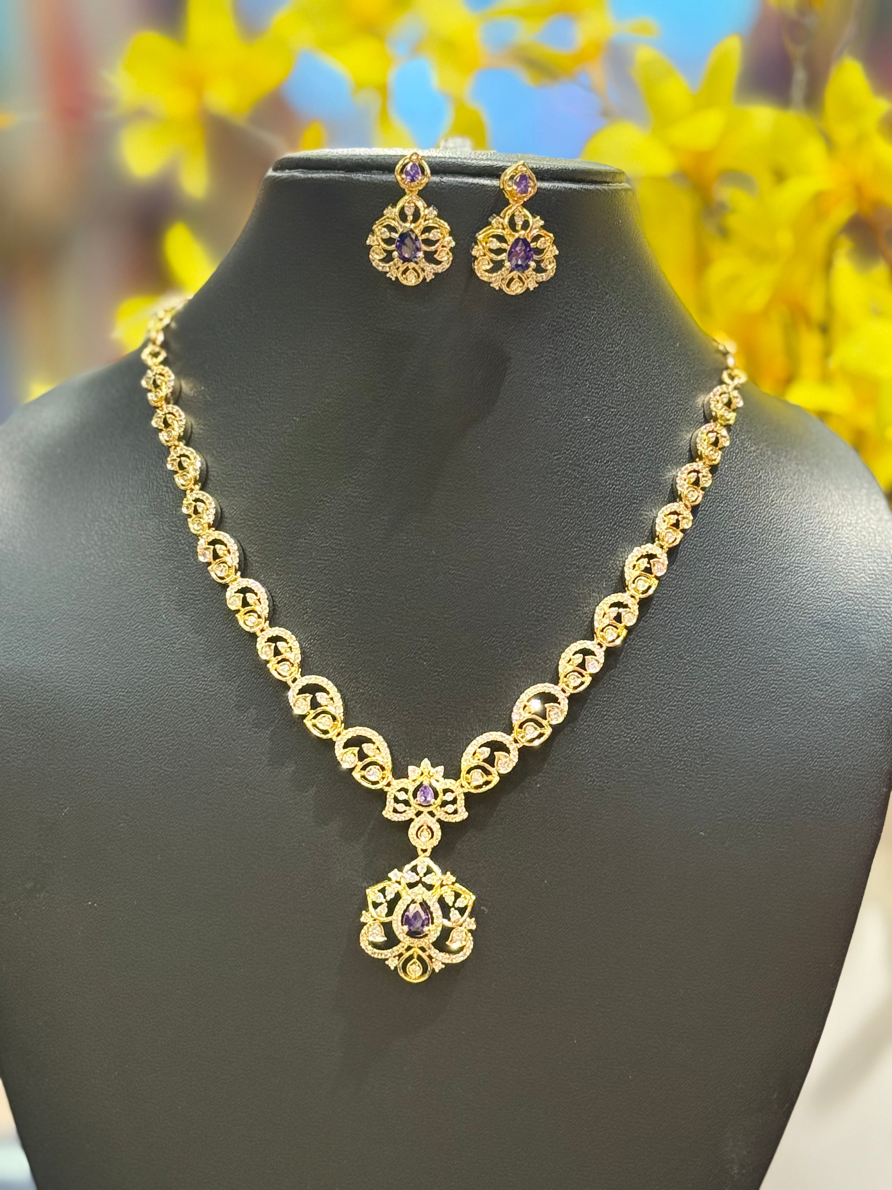 MicroGold Polish CZ Necklace set with Purple stone