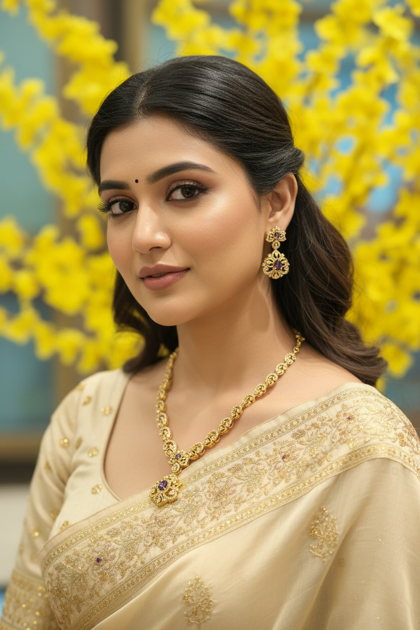 Woman wearing cream-colored ethnic saree with gold embroidery and matching jewelry in front of yellow floral backdrop