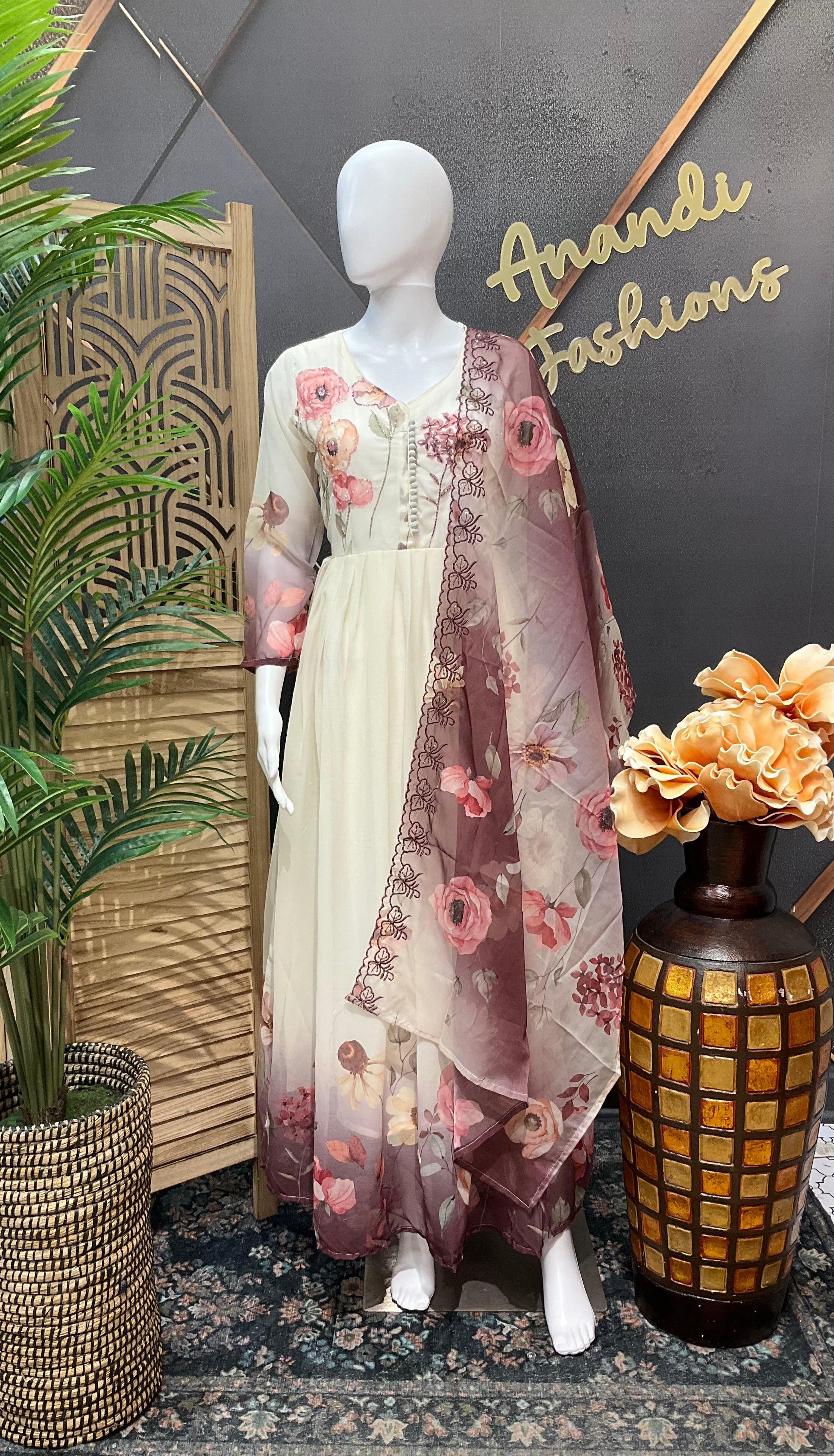 Half White Floral Long kurti with Dupatta