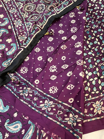 Wine Color Semi Modal Silk Ajrakh Saree with Prints