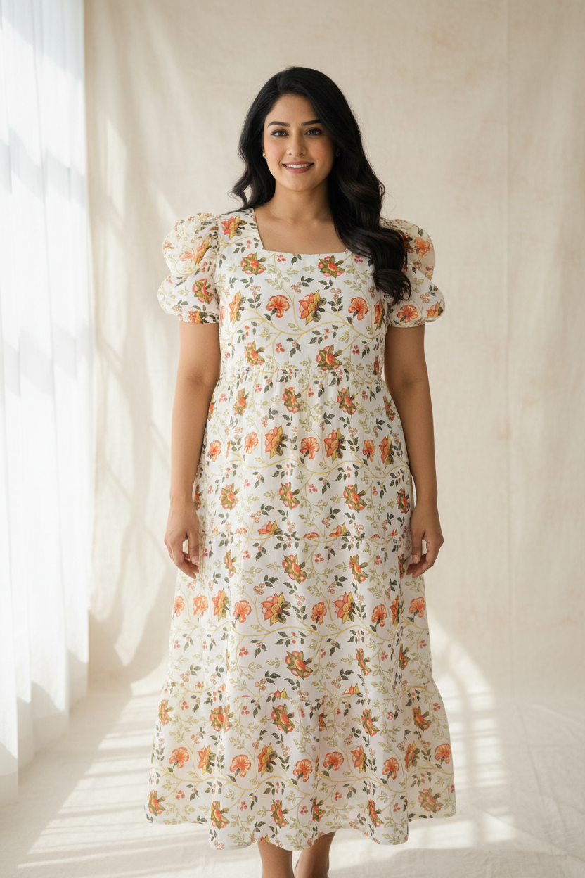 Plus Size Georgette Sleeveless Long Kurti - Floral Design