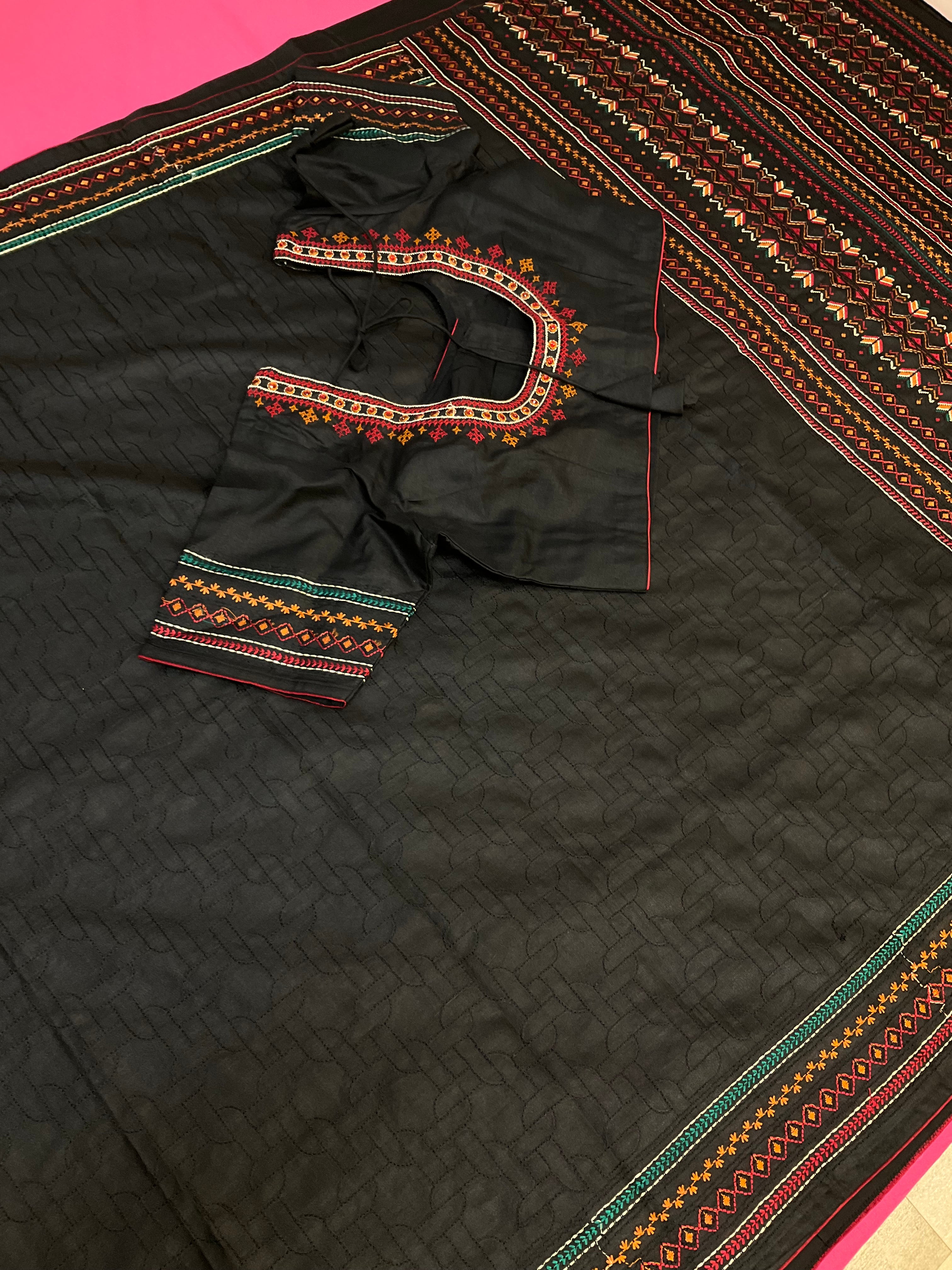 Black Designer Kantha Work Tussar Saree with Stitched Blouse