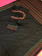 Black Designer Kantha Work Tussar Saree with Stitched Blouse