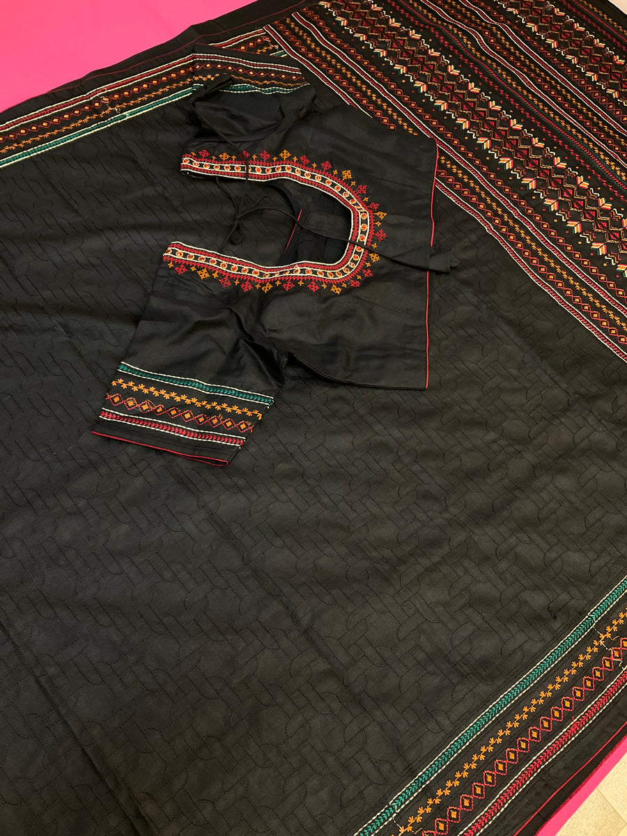 Black Designer Kantha Work Tussar Saree with Stitched Blouse
