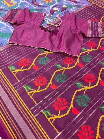 Lavender Semi Silk Ikkath Saree with Stitched Blouse - Jungle Theme Design