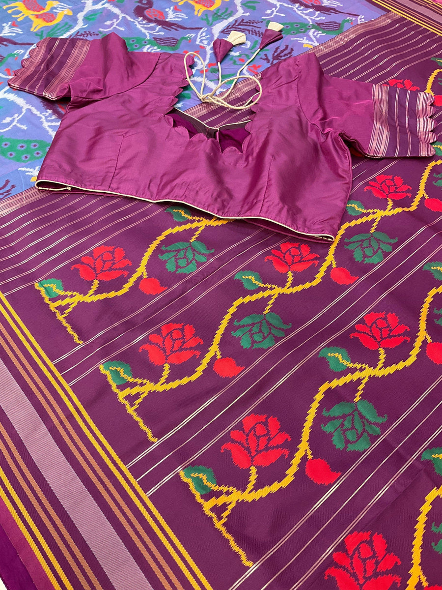 Lavender Semi Silk Ikkath Saree with Stitched Blouse - Jungle Theme Design