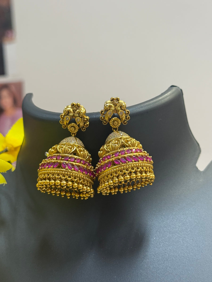 Antique Finish Jhumka Earrings with Ruby Stones