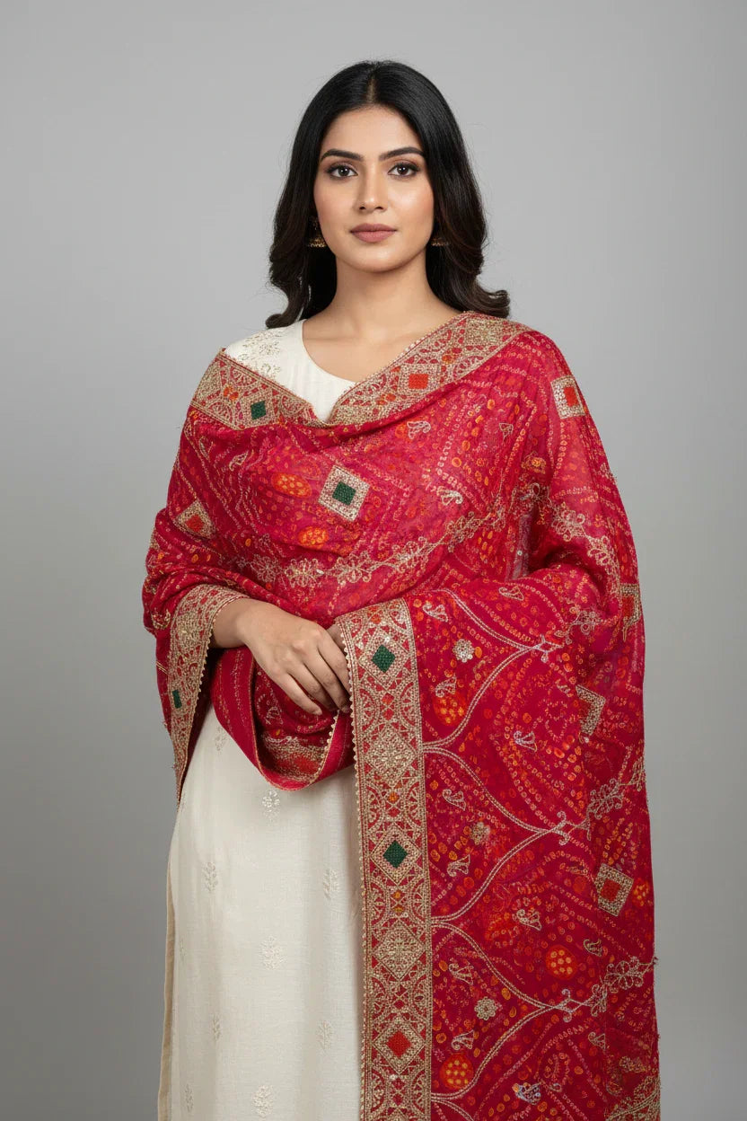 Woman wearing a white ethnic dress and a red embroidered Indian shawl with gold and green details