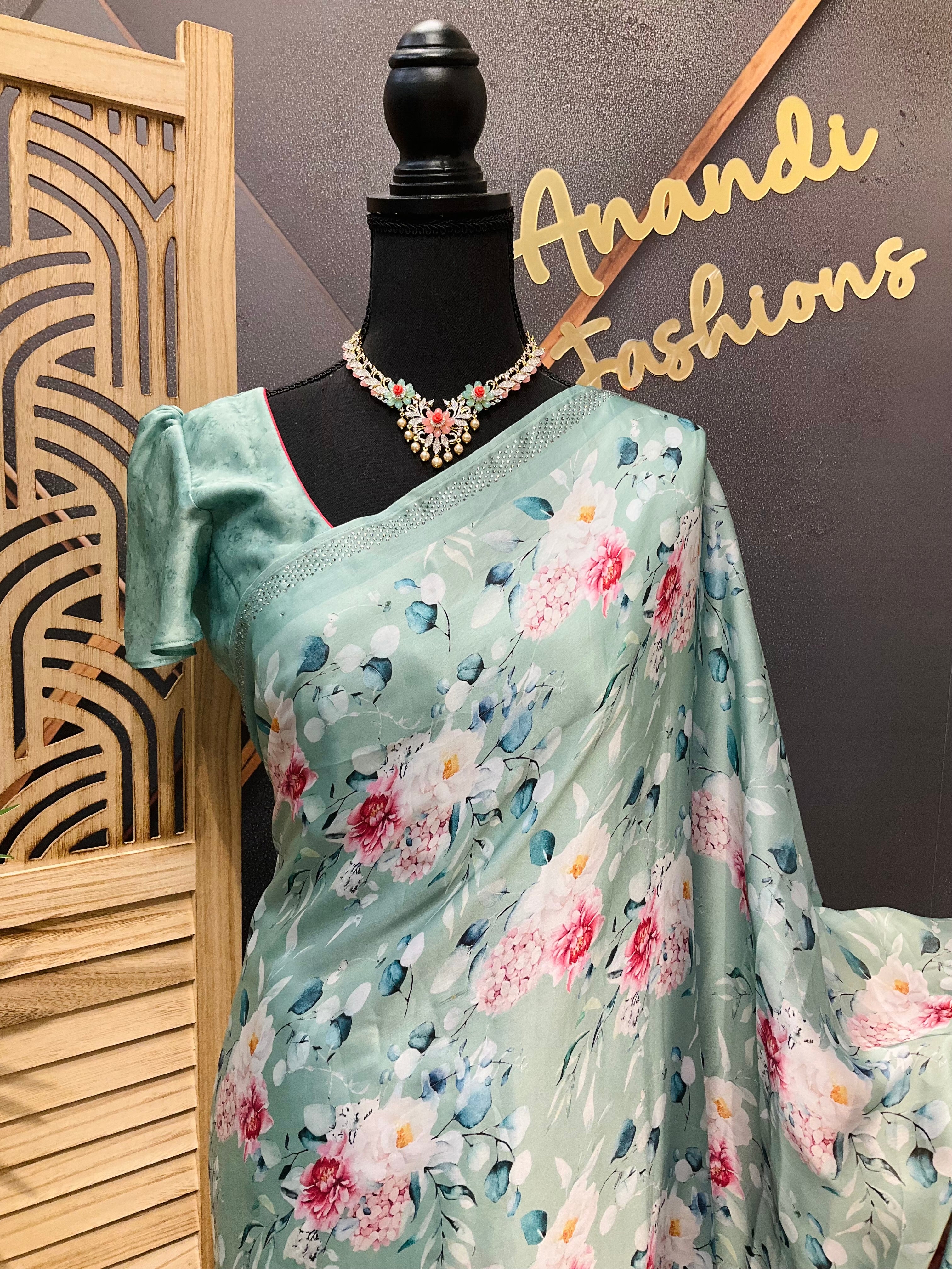 Crape Silk Digital print Floral sarees with stitched blouse