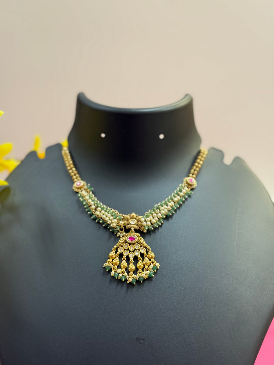 Antique Finish Kundan Necklace Set with Guttapusalu Pearls
