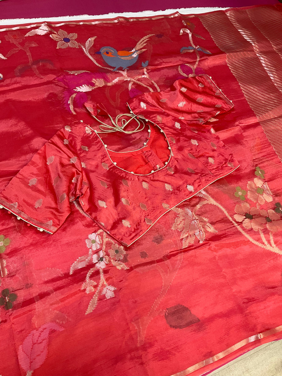 Peach color Paper Silk Saree with stitched blouse